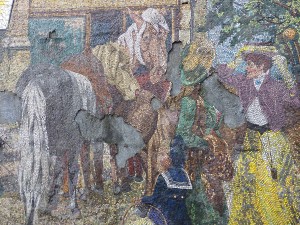 Horsefair by Kenneth Budd, 1968, Holloway Circus roundabout, Birmingham This beautiful mosaic is made from tiny pieces of coloured Venetian glass and depicts the city’s historic horse fair. A closer look reveals the growing grey patches where the mural has come away from the wall. Whilst being completed, which took about a month, some of the spectators became friendly regulars. One regular was a man who ran a horse and carriage wedding service and was able to identify the different type of horses and said that 'his old dad who remembered the old Horse Fair would vouch for the authenticity of the work'. © Historic England